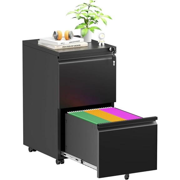 File Cabinet, 2-Drawer Rolling File Cabinet with Lock, Metal Mobile File Cabinet, Under Desk Cabinet for Home Office Fit Letter//A4 Size Files(Easy Assemble-Black)