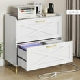 thumbnail image 1 of File Cabinet 2 Drawers Lateral File Cabinet with Charging Station for Letter/Legal/A4 Size Hanging Files, Large Wood File Storage Cabinets Printer Stand for Home Office, White and Gold, 1 of 7