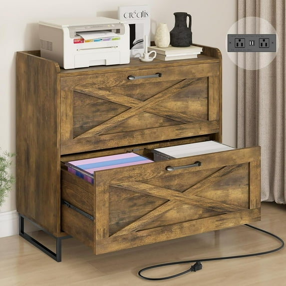 File Cabinet 2 Drawers Lateral File Cabinet with Charging Station for Letter/Legal/A4 Size Hanging Files, Large Wood File Storage Cabinets Printer Stand for Home Office, Brown