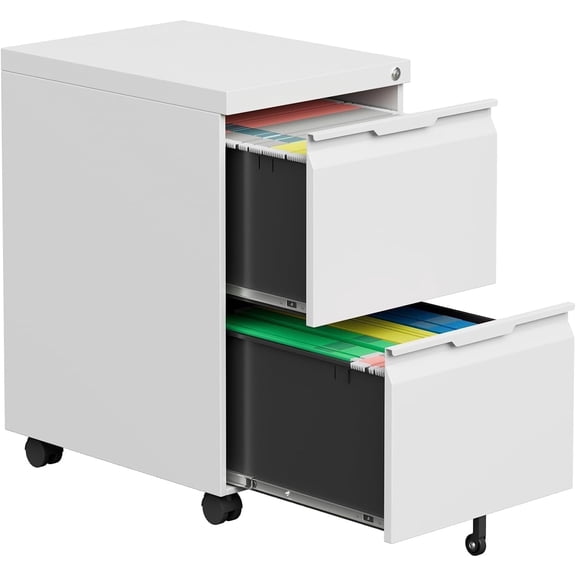 Kooyon 2 Drawer Rolling File Cabinet with Lock, Under Desk Metal Filing Cabinet for Home Office, White, Fits Legal/Letter/A4, Assembly Required