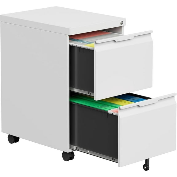 File Cabinet 2 Drawers on Wheels Under Desk,Locking Filing Cabinet for Home Office,Metal Vertical Files Drawers,Small Rolling File Cabinet Printer Stand for Legal/Letter/A4(Assembly Required-White)