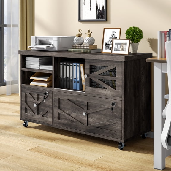 File Cabinet with 2 Lockable Drawers, ETASE Farmhouse Filing Cabinet with Sliding Door and Storage Shelf, Print Stand for A4/Letter, Storage Cabinet for Home Office, Gray
