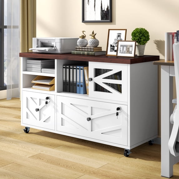 File Cabinet with 2 Lockable Drawers, ETASE Farmhouse Filing Cabinet with Sliding Door and Storage Shelf, Print Stand for A4/Letter, Storage Cabinet for Home Office, White