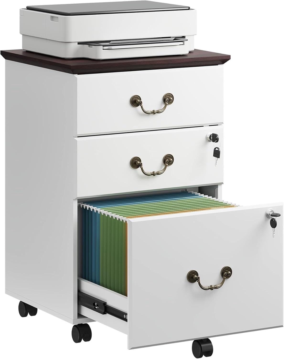 File Cabinet 3-Drawer, Small Office Furniture with Lock, Rolling Under Desk Filing Cabinet for Home Office, White