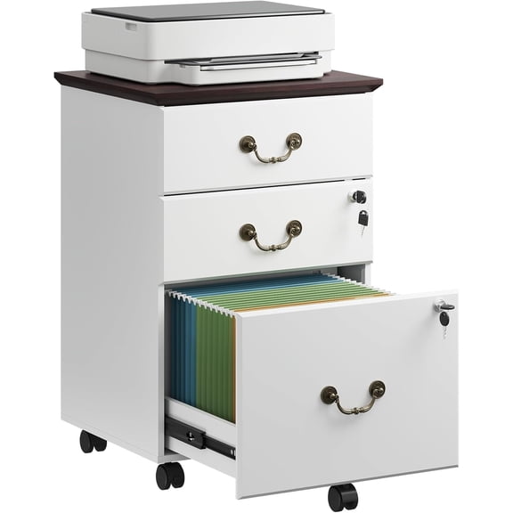 File Cabinet 3-Drawer, Small Office Furniture with Lock, Rolling Under Desk Filing Cabinet for Home Office, White