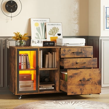 File Cabinet with 3 Drawers and Cabinet, Rolling Printer Stand with Spacious Top and LED Lights, 39.4" Filing Cabinet with Open Storage Shelves for Home Office, Rustic Brown