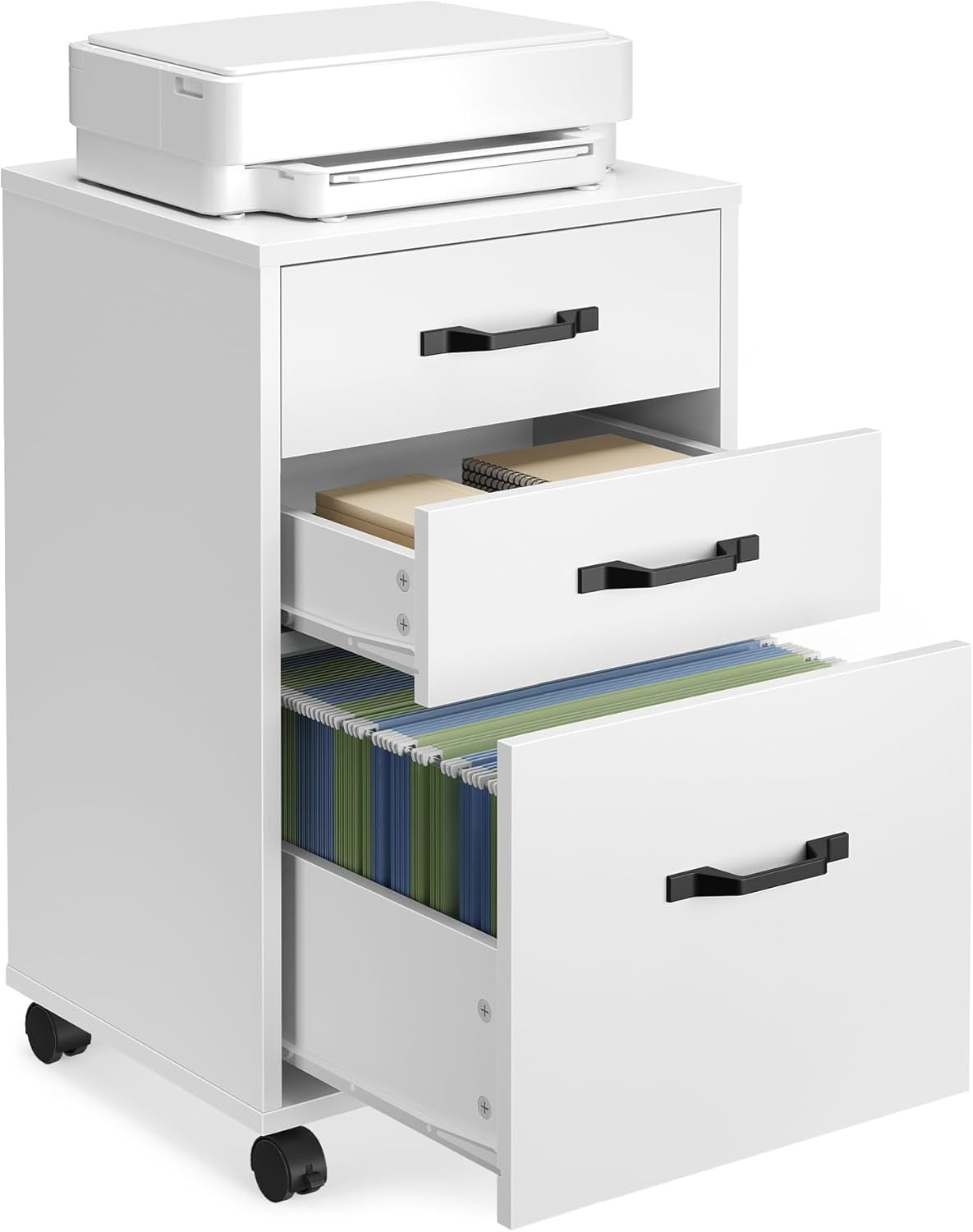 File Cabinet, 3 Drawers Filing Cabinet for Home Office, with Wheels, for A4, Letter Sized Documents, Hanging File Folders