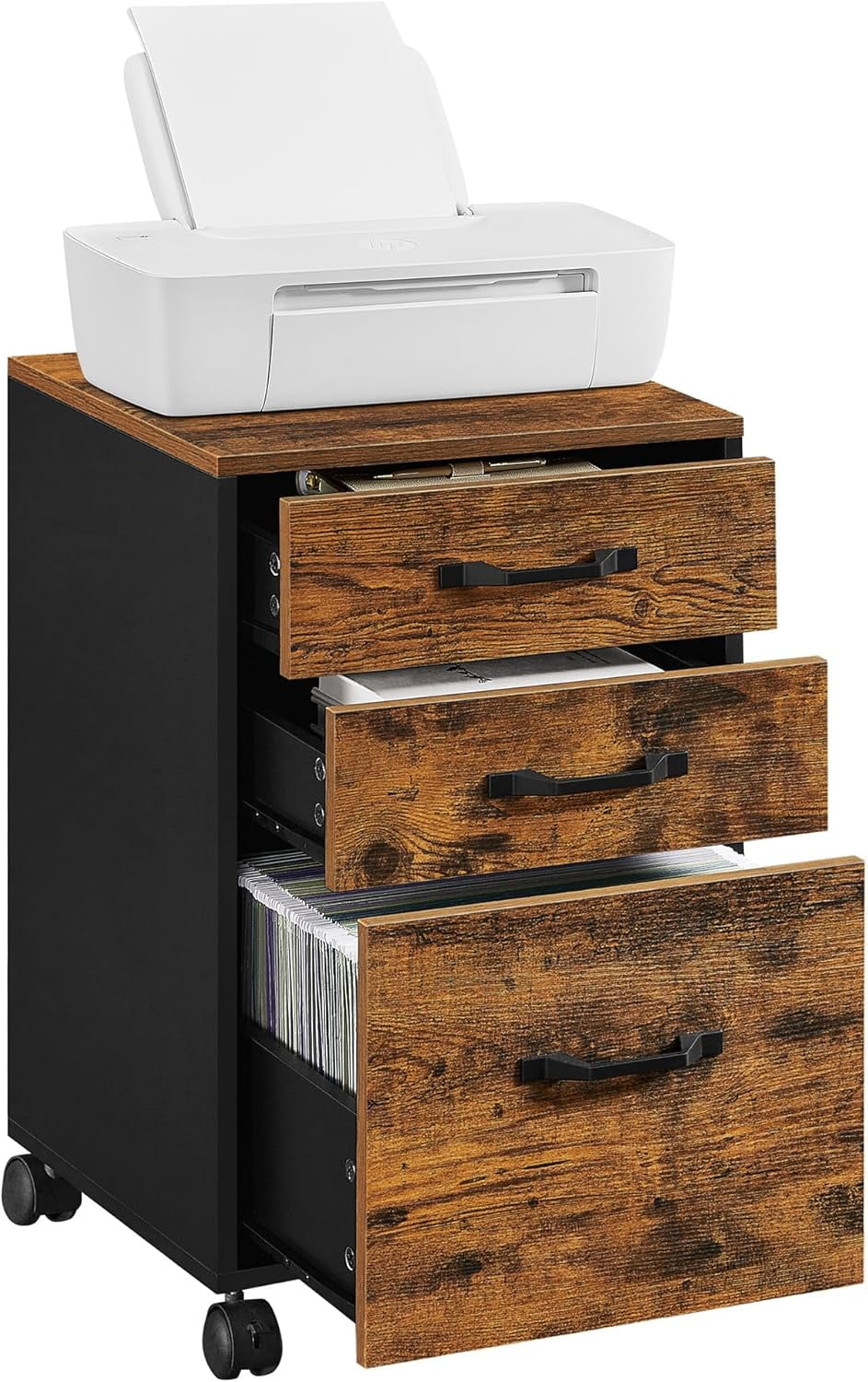 File Cabinet, 3 Drawers Filing Cabinet for Home Office, with Wheels, for A4, Letter Sized Documents, Hanging File Folders