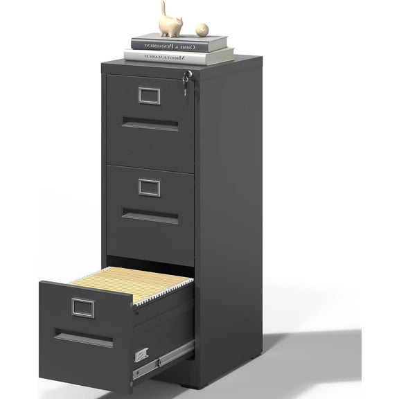 File Cabinet, 3 Drawers Vertical File Cabinets with Lock for Home Office,Heavy Duty Office Steel Filing Cabinet for Hanging Letters/Legal/A4, Assembly Required,Black