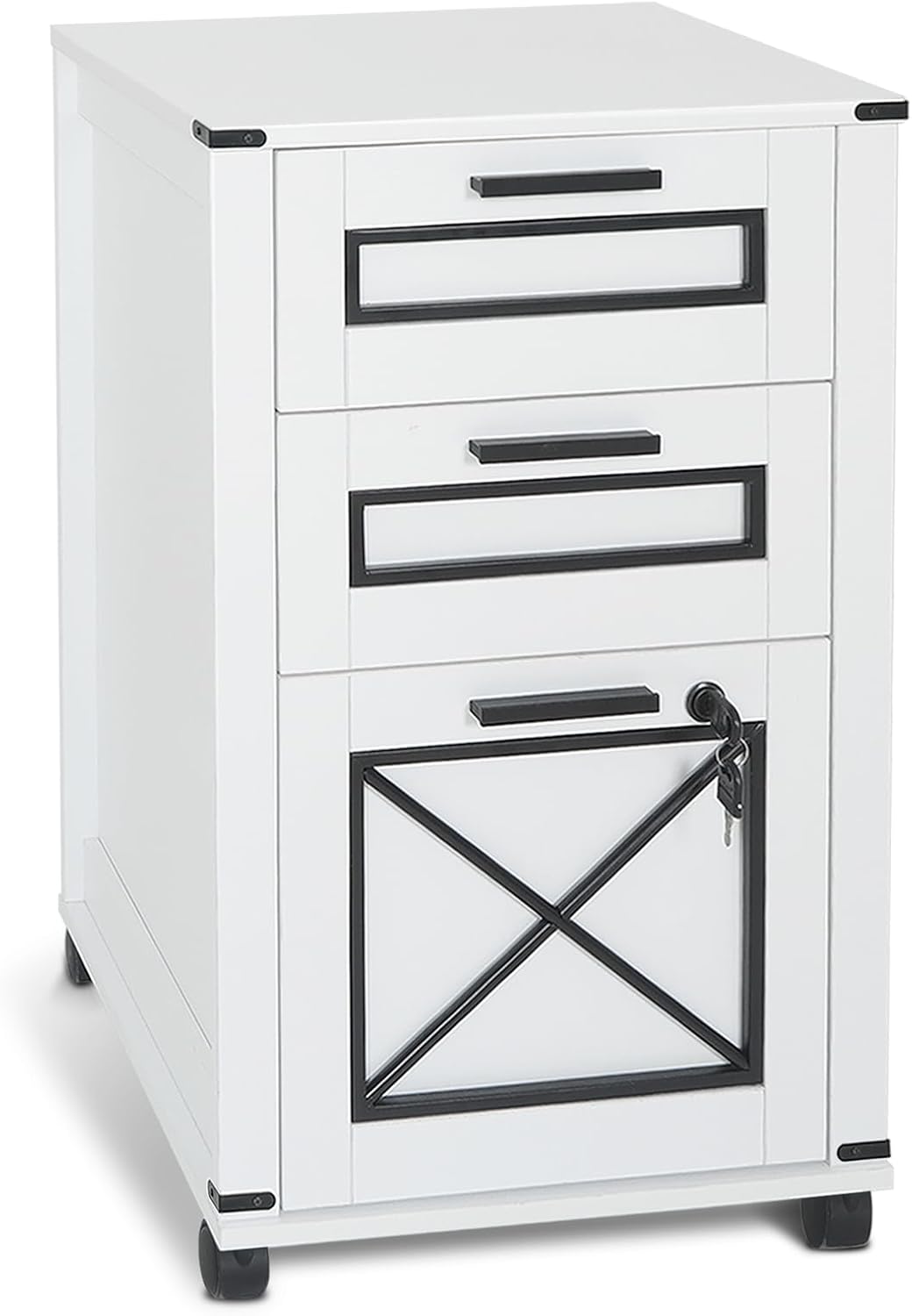 File 3 Drawers Wood Filing with Lock, Small Rolling