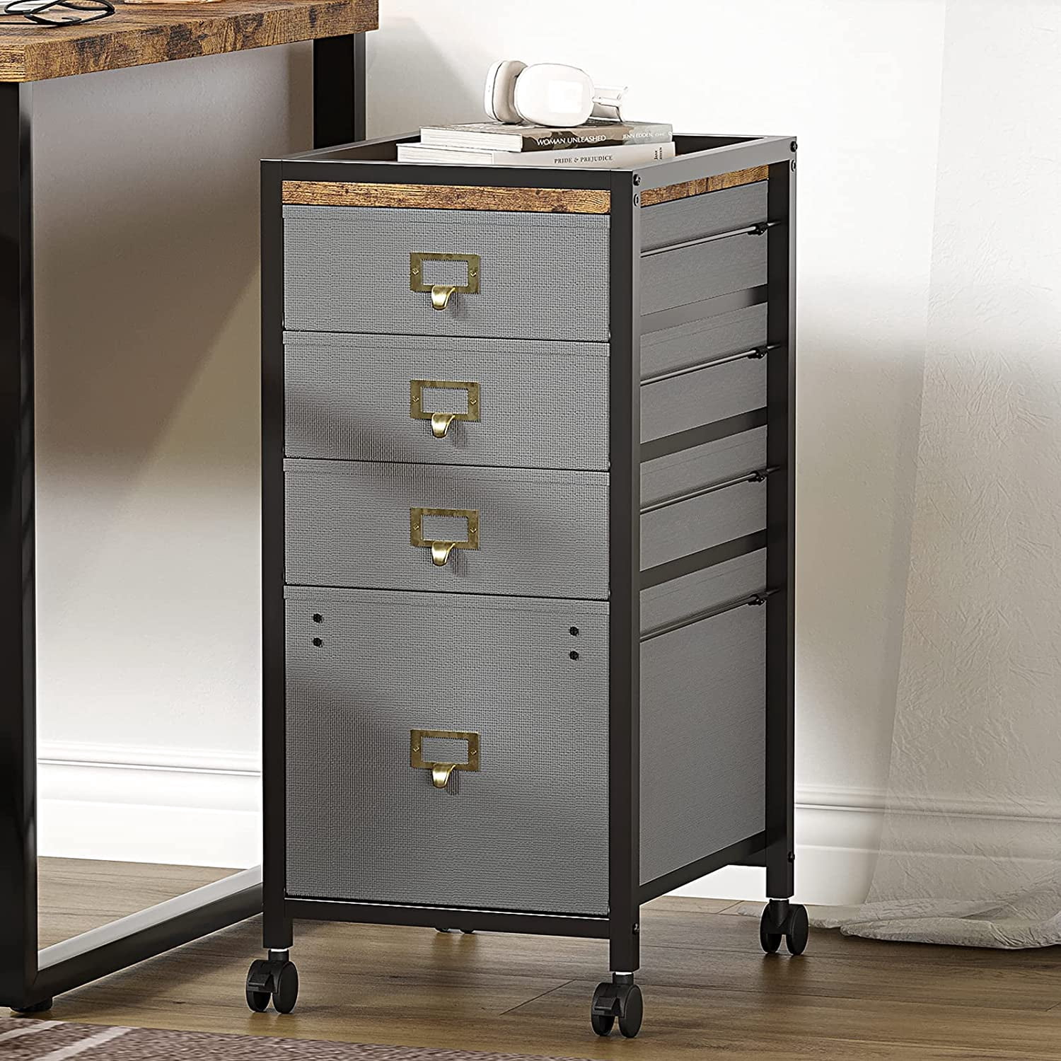 File Cabinet with 4 Drawer, Mobile Filing Cabinet Rolling Printer Stand Fits A4 or Letter Size, Fabric Vertical File Cabinet with Wheels, Under Desk Storage Cabinet for Home Office, Grey