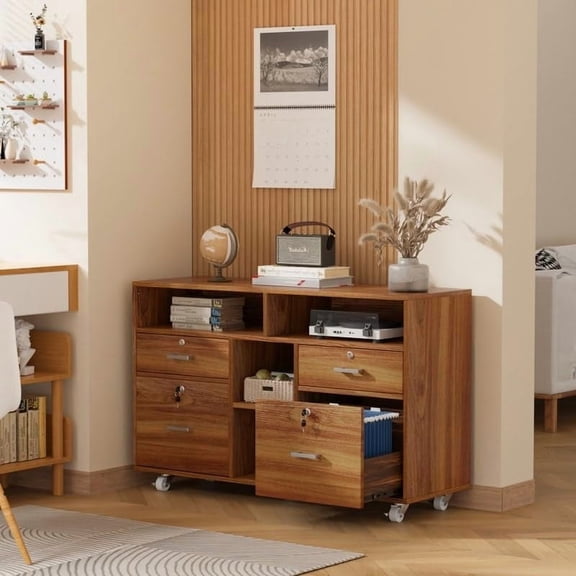 File Cabinet 4 Drawer Wood Mobile Lockable Rolling with Shelves Brown Cabin Lodge MDF Locking$$Furniture
