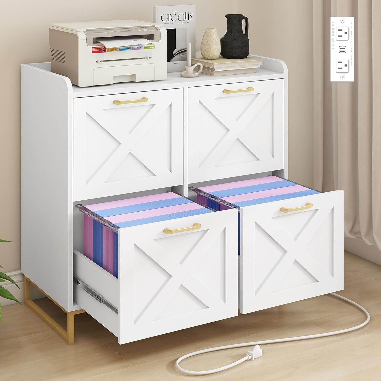 2 Drawer Locking Lateral File Cabinet With Charging Station, Rolling