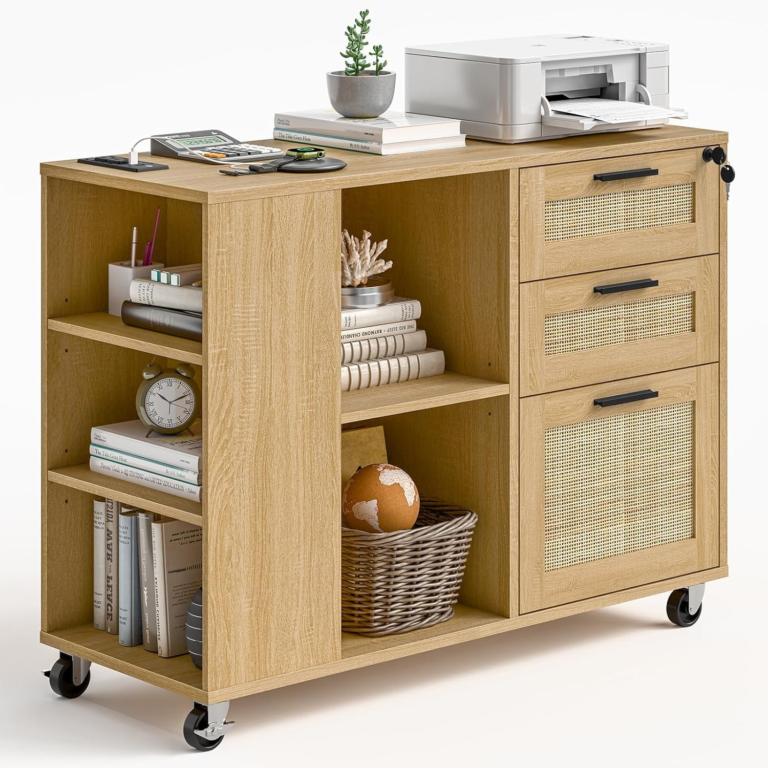 File with Charging Station, 3 Drawer Lateral Mobile Rattan