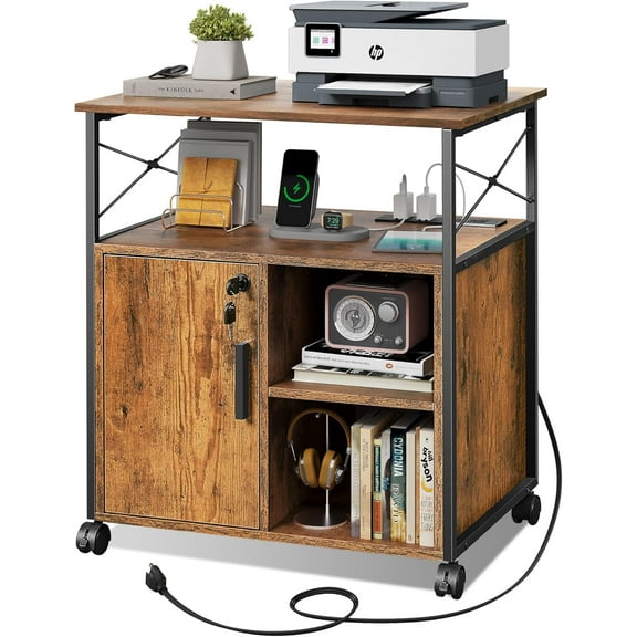 File Cabinet with Charging Station, Lockable Lateral Filing Cabinets for Home Office, Printer Cabinet Accommodates A4/Letter Size File folders, Rustic Brown