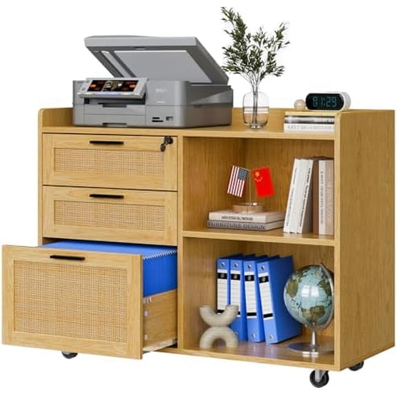 File Cabinet for Home Office, Rattan Lateral Filing Cabinet with Shelves 3 Drawers Large Storage Organizer Mobile Printer Stand with Lock for Legal/Letter/A4 Size$$Furniture