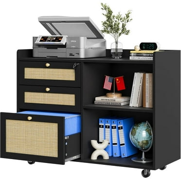 File Cabinet for Home Office, Rattan Lateral Filing Cabinet with Shelves 3 Drawers Large Storage Organizer Mobile Printer Stand with Lock for Legal/Letter/A4 Size