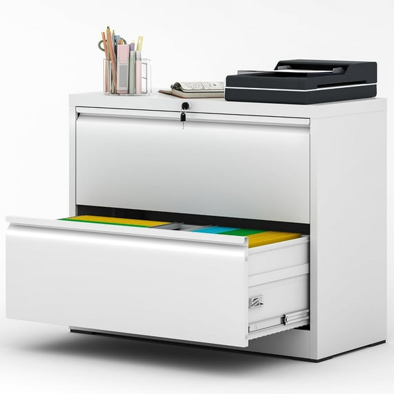 File Cabinet with Lock, 2 Drawer Lateral Filing Cabinet for Home Office, White Metal Heavy Duty File Cabinets for Hanging Letter/Legal/F4/A4 Size Files, Assembly Required