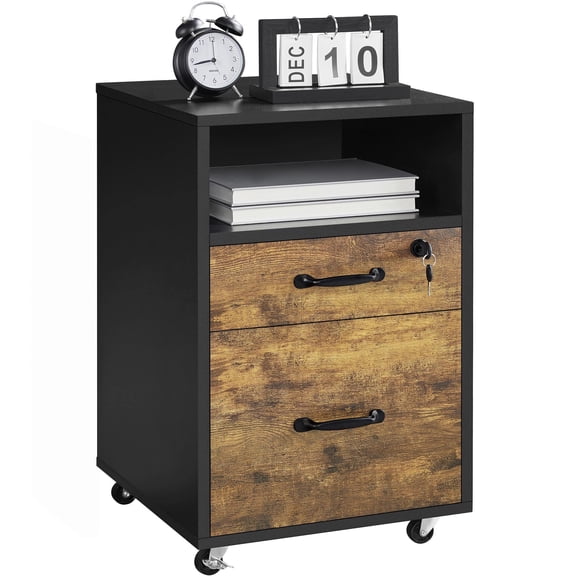 File Cabinet with Lockable Wheels, Under Desk Vertical Storage Cabinet with 2 Drawers and Open Shelf, Printer Stand for A4 Letter Size Hangable Folders, Home Office Organization, Brown
