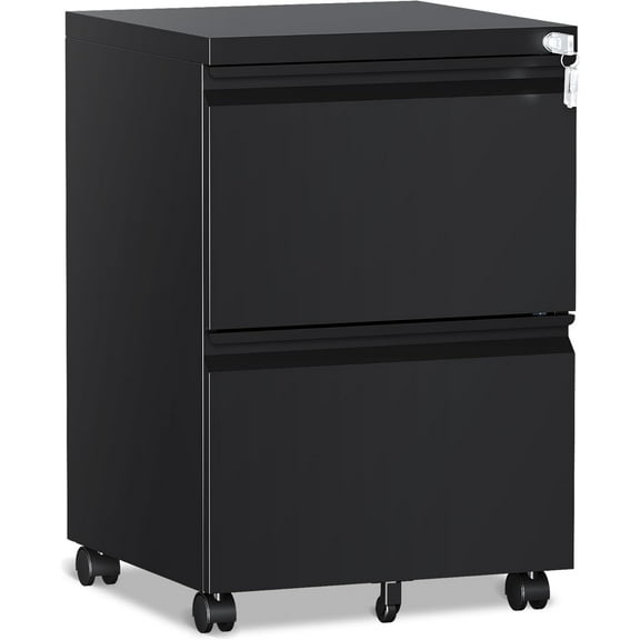 2 Drawer File Cabinet，Mobile Filing Cabinet with Lock and Wheels，Un-Assembled Metal Under Desk File Cabinets for A4/Letter/Legal Size（Black