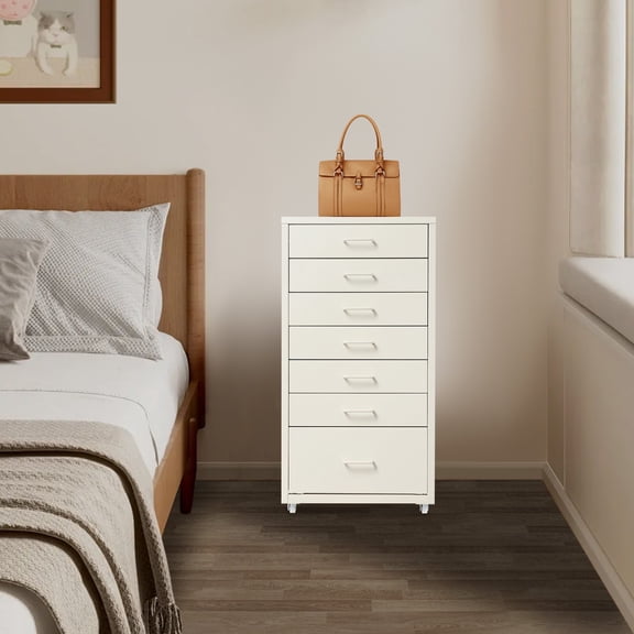 File Cabinet, Nightstands, 7-Drawer Mobile Bedside Table, 11.02lbs Load, Storage Organizer for Files, Tools, for Office, Living Room, Bedroom, Beige