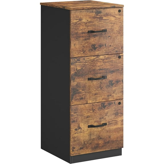 File Cabinet, Printer Stand with 3 Lockable Drawers, Adjustable Hanging Rails, Rustic Brown + Black