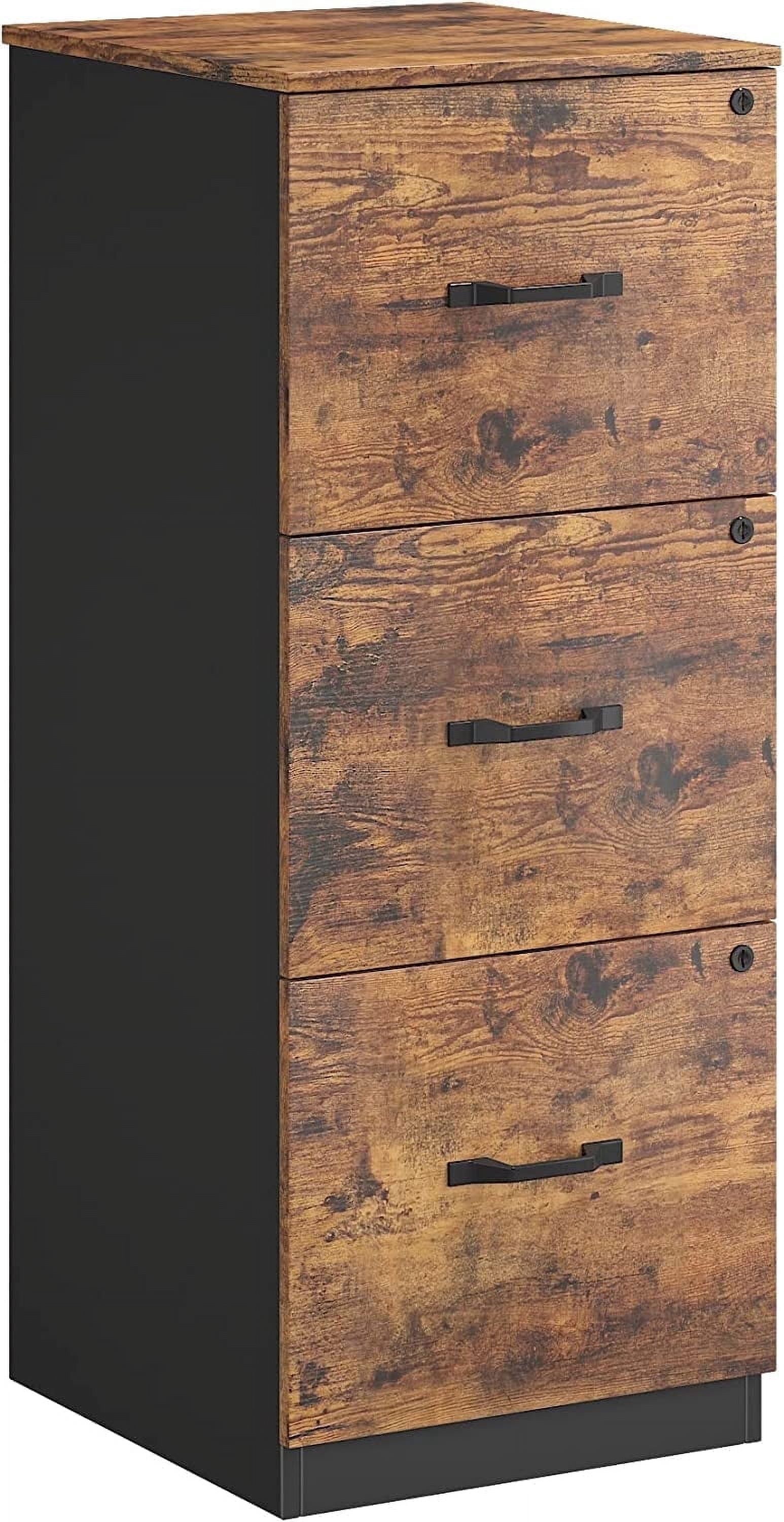 File Cabinet, Printer Stand with 3 Lockable Drawers, Adjustable Hanging Rails, Rustic Brown + Black