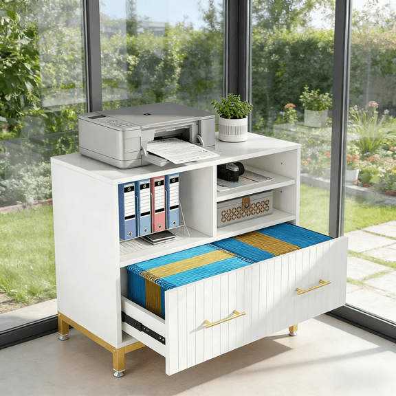 File Cabinet Printer Stand with Drawer & Open Storage Spaces