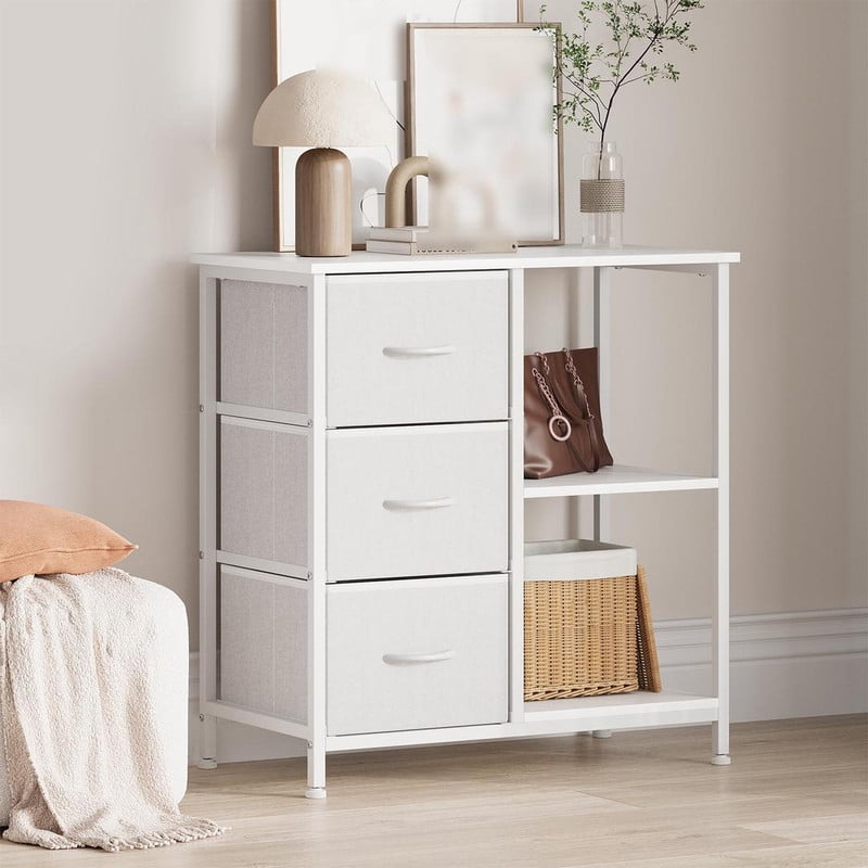 File Cabinet with 3 Drawers, Printer Stand with Open Shelves, Under Desk Storage Organizer for Home Office, Fabric Wood Top for Living Room