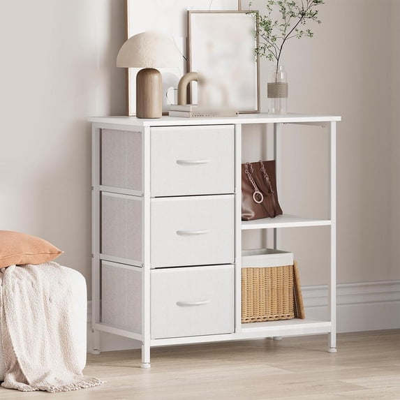 File Cabinet with 3 Drawers, Printer Stand with Open Shelves, Under Desk Storage Organizer for Home Office, Fabric Wood Top for Living Room
