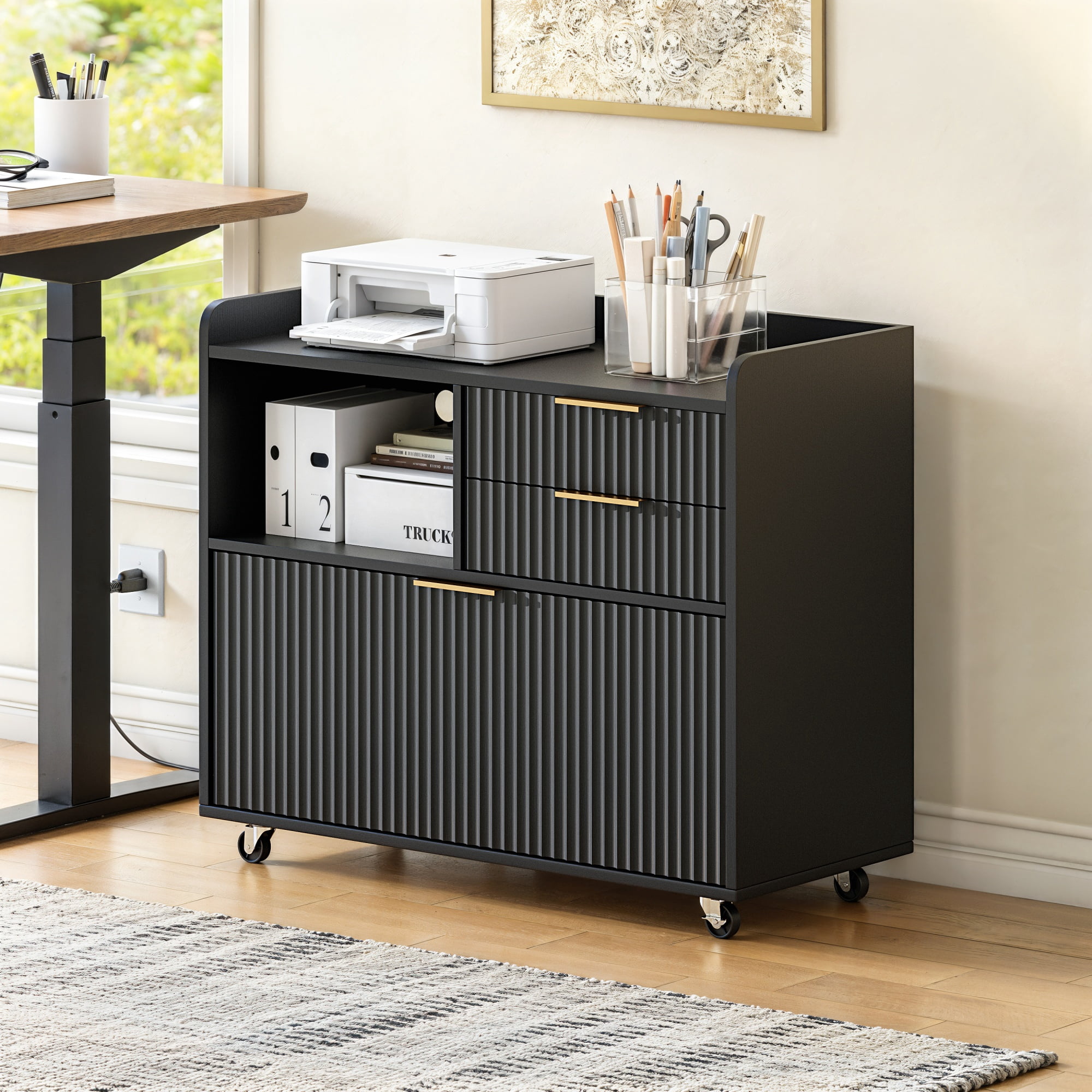 File Cabinet with Charging Station and Multi Drawers, Mobile Rolling Office Storage Cart and Open Compartment Organizer for Home Office, Black