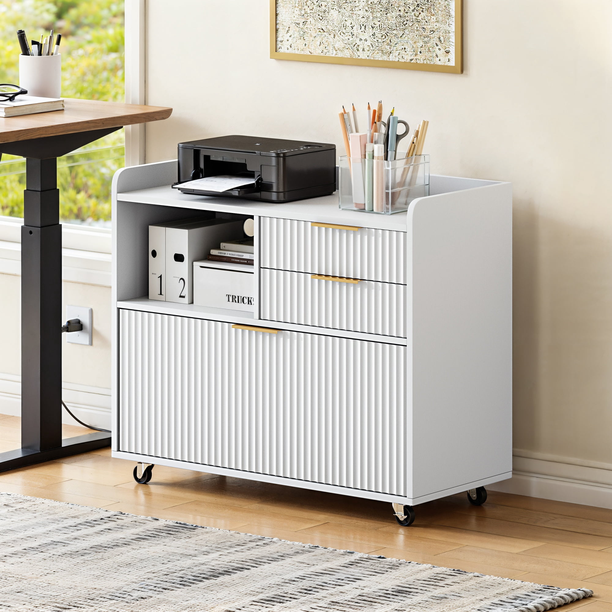 File Cabinet with Charging Station and Multi Drawers, Mobile Rolling Office Storage Cart and Open Compartment Organizer for Home Office, White
