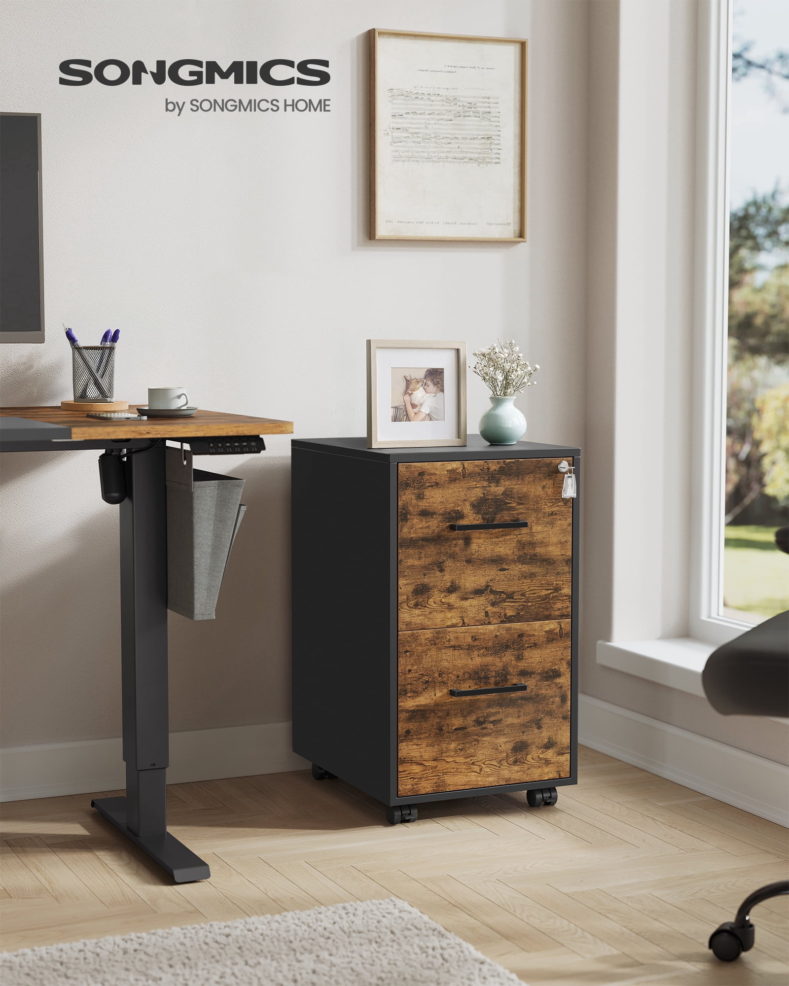 File Cabinet with Lock, 2-Drawer Mobile Filing Cabinet for A4 Legal Letter Sizes, Pre-Assembled, Rustic Brown & Black