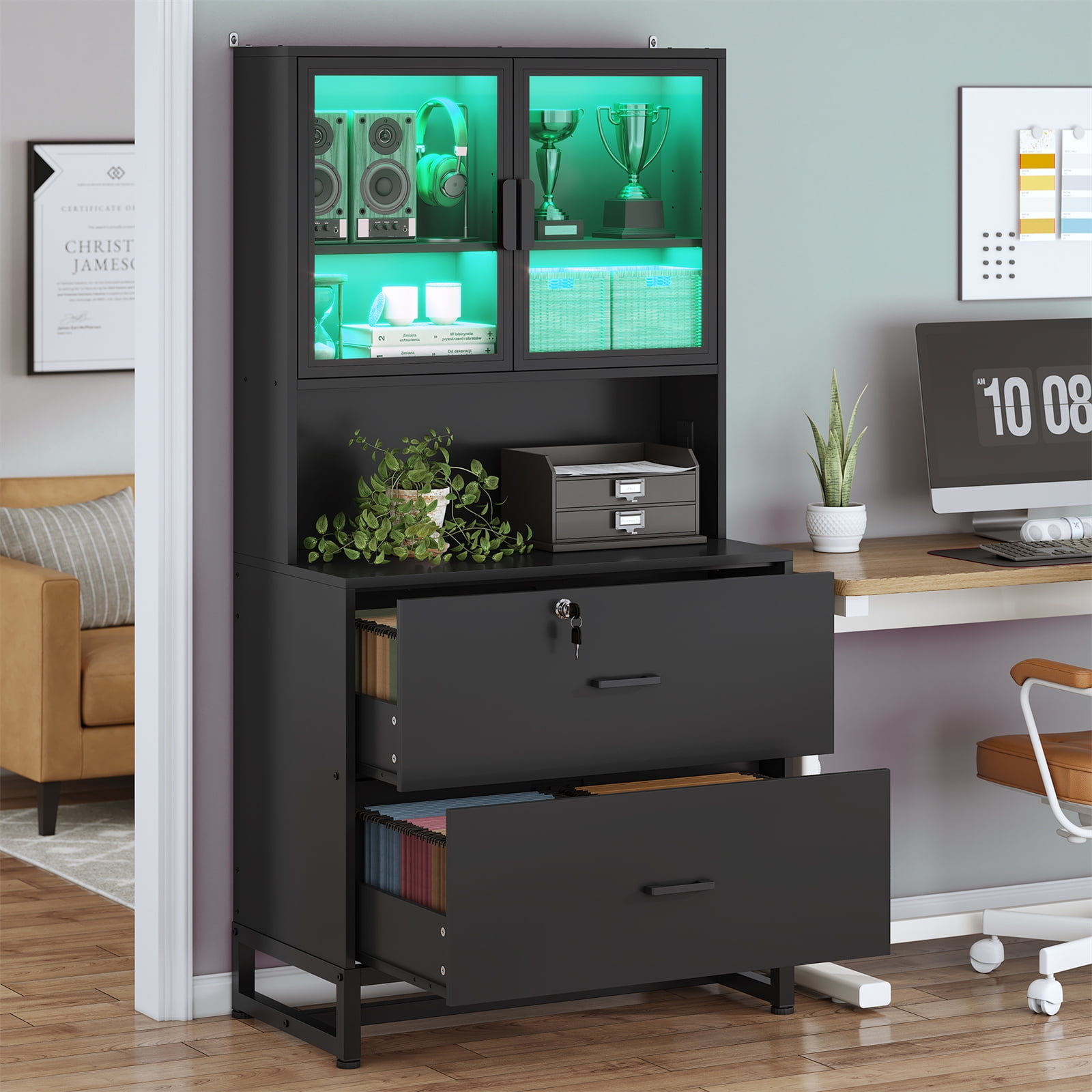 File with Power Outlets and LED Lights, Vertical Filing with 2 Lockable Drawers