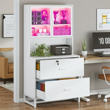 File Cabinet with Power Outlets and LED Lights, Vertical Filing Cabinet with 2 Lockable Drawers, Large Cabinet with Glass Doors for Office, White