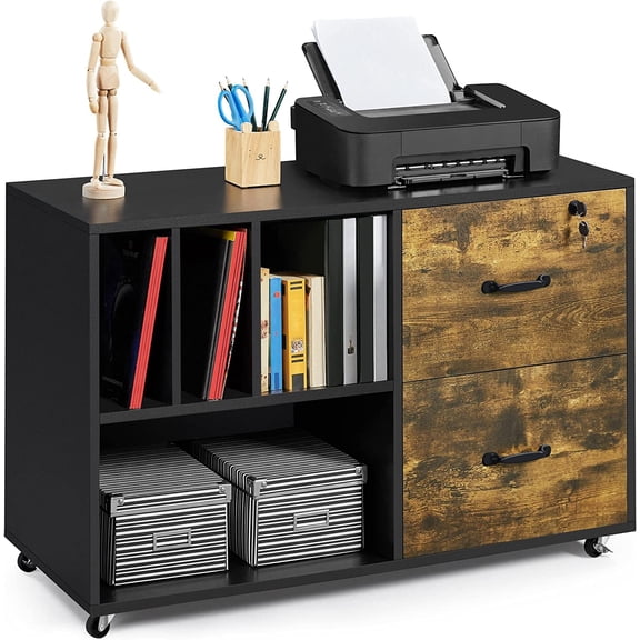 File Cabinets Large Rolling Filing Cabinet Printer Stand on Wheels for Home Office,with 4 Open Storage Shelves,Letter Size A4 Size,Black/Rustic Brown