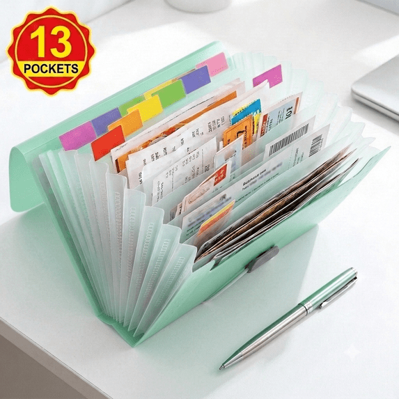 File Folder with 13 Pockets Clear Bill Receipt Organizer Portable Lightweight Paper Storage Clip Compact Document Clip for Office Home Travel Coupon Invoice Sorting Supplies 1 Pack
