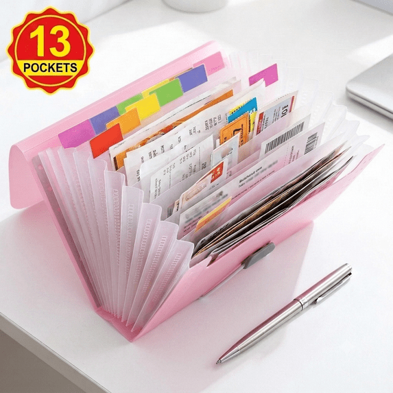 File Folder with 13 Pockets Clear Bill Receipt Organizer Portable Lightweight Paper Storage Clip Compact Document Clip for Office Home Travel Coupon Invoice Sorting Supplies 1 Pack