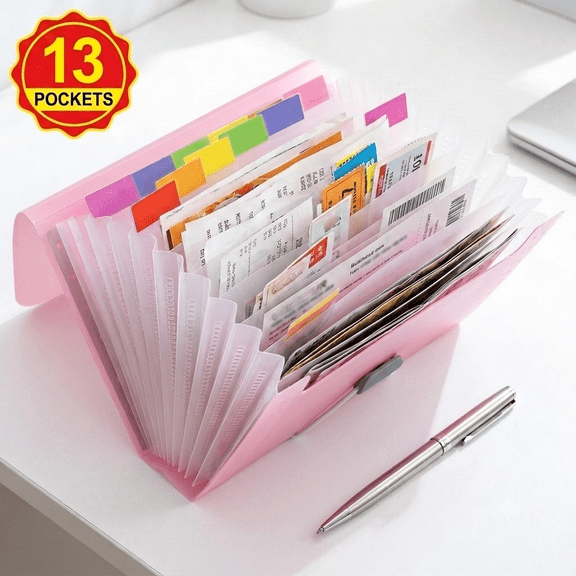 File Folder with 13 Pockets Clear Bill Receipt Organizer Portable Lightweight Paper Storage Clip Compact Document Clip for Office Home Travel Coupon Invoice Sorting Supplies 1 Pack