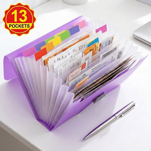 File Folder with 13 Pockets Clear Bill Receipt Organizer Portable Lightweight Paper Storage Clip Compact Document Clip for Office Home Travel Coupon Invoice Sorting Supplies 1 Pack
