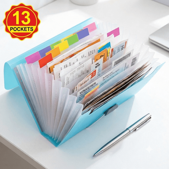 File Folder with 13 Pockets Clear Bill Receipt Organizer Portable Lightweight Paper Storage Clip Compact Document Clip for Office Home Travel Coupon Invoice Sorting Supplies 1 Pack