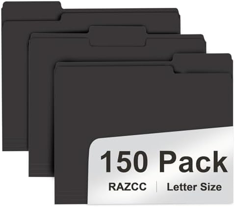 File Folder,  150 Pack 1/3 Cut Tab File Folders Letter Size, Black Folders for Dcouments, Folders with Tab Great for Organizing and Easy File Storage