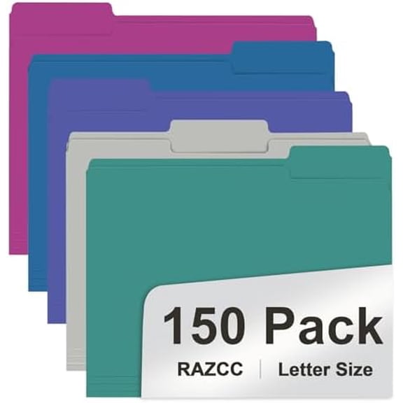 File Folder, 150 Pack 1/3 Cut Tab File Folders Letter Size, Colored File Folders for Office Classroom Use, Colored Folders with Tabs, Assorted 5 Colors