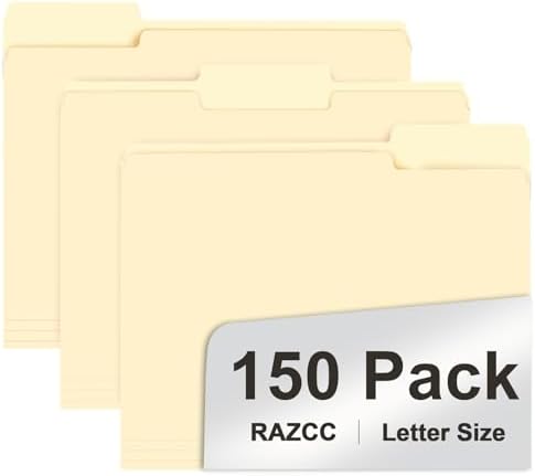 File Folder,  150 Pack 1/3 Cut Tab File Folders Letter Size, Manila Folders, Folders with Tab, Great for Organizing and Easy File Storage