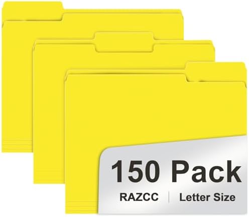 File Folder,  150 Pack 1/3 Cut Tab File Folders Letter Size, Yellow, Folders with Tab, Great for Organizing and Easy File Storage