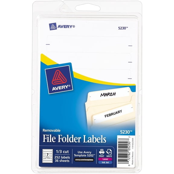 File Folder Labels on 4" x 6" Sheets, Removable Adhesive, White, 2/3" 3-7/16", 252 (5230)