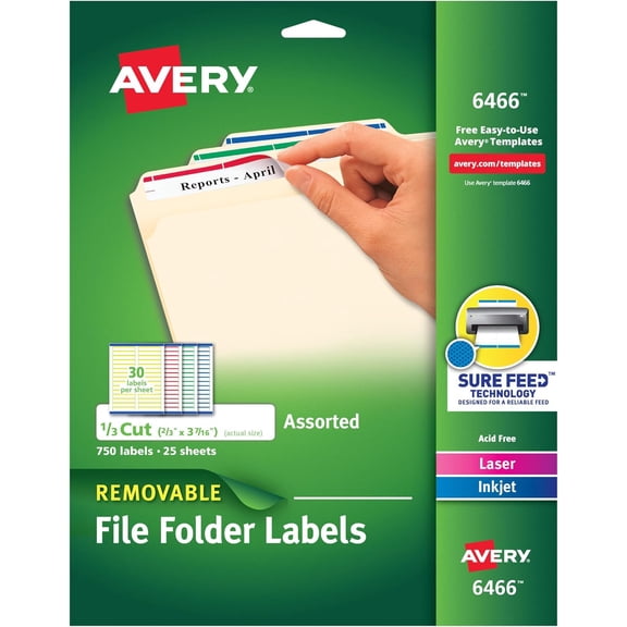 File Folder Labels with Sure Feed, 2/3" x 3-7/16", 750 Printable Labels, Removable, Assorted (6466)