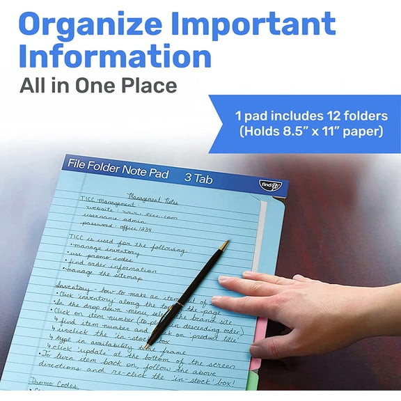 File Folder Notepad - Pack of 12-9.5 x 12.5 Inch Notebook Organizer Folders for Filing, Document, and Clipboard Organization - Assorted Colors