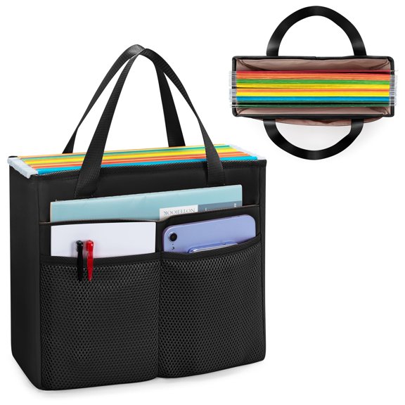 File Folder Tote Bag with Handle, Portable Document Organizer Box for Letter Size File Folder, Folding File Case for Home Office, Black, Large