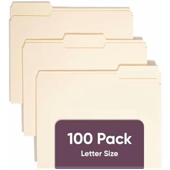 File Folders Letter Sized, 1/3-Cut Tab, Assorted Positions, Letter Size Manila Folders, 100 Per Box (10381)